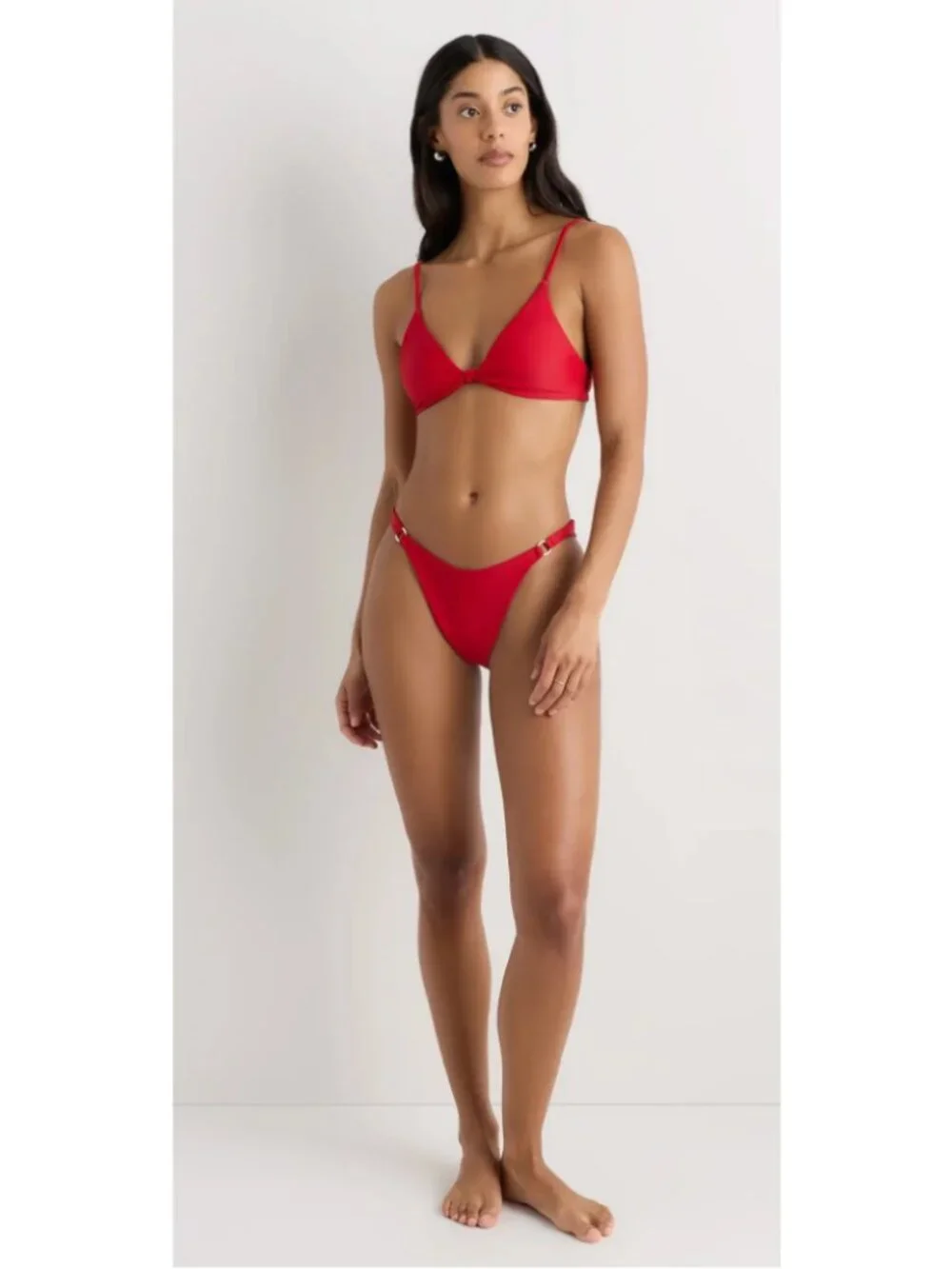 QUINCE Italian High Leg Ring Bikini Bottom In Red Size Medium NWT